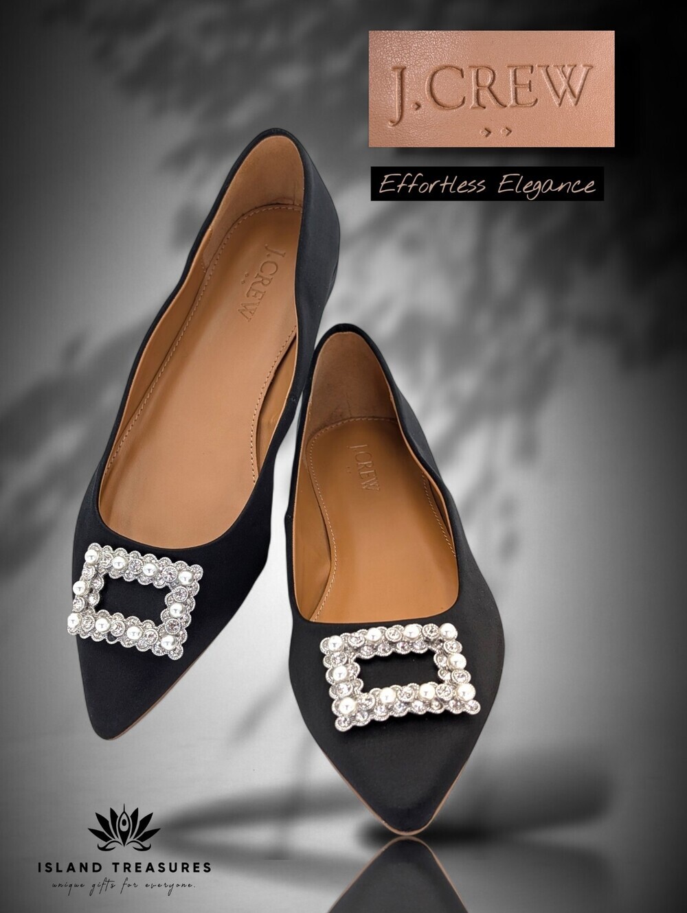 New J.CREW Size 7 Pearl & Crystal Jeweled Buckle Black Satin Upper Ballet Flats